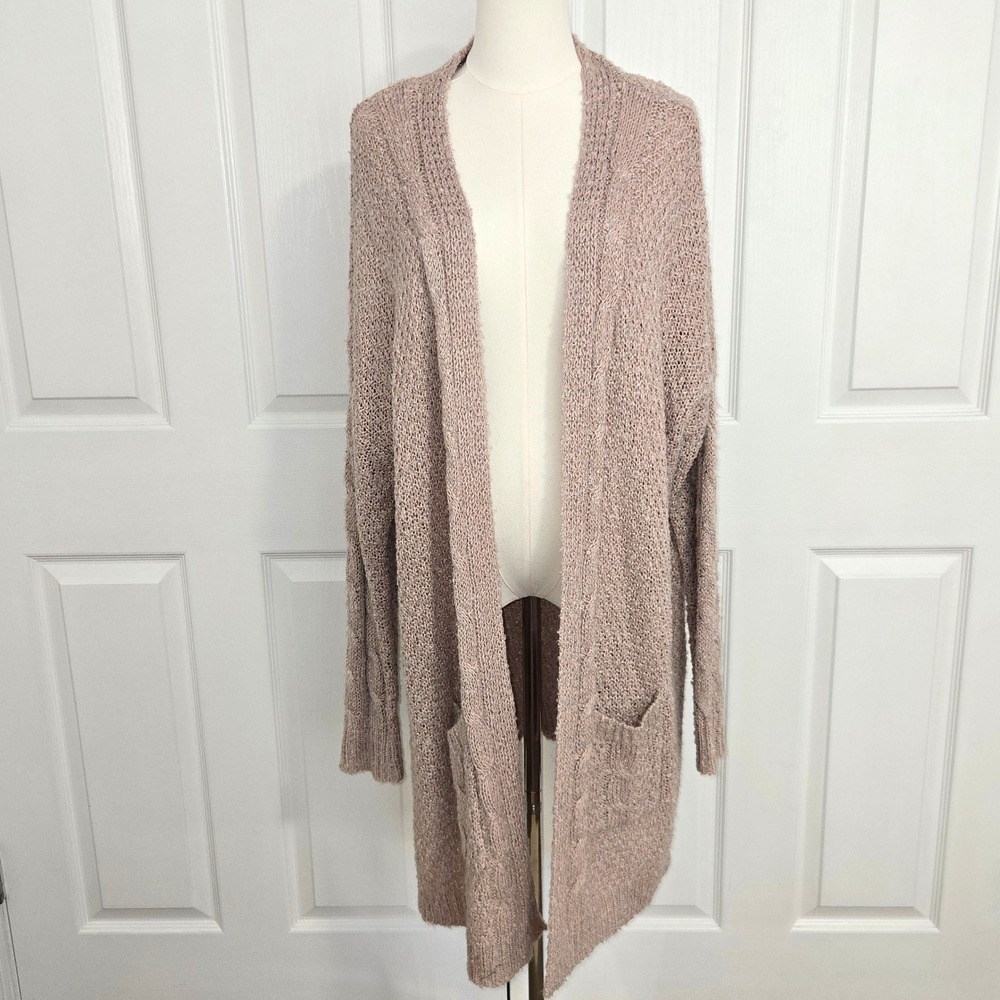 Umgee Cardigan Womens XL Mauve Tan Open Front Popcorn Cable Longline Pockets